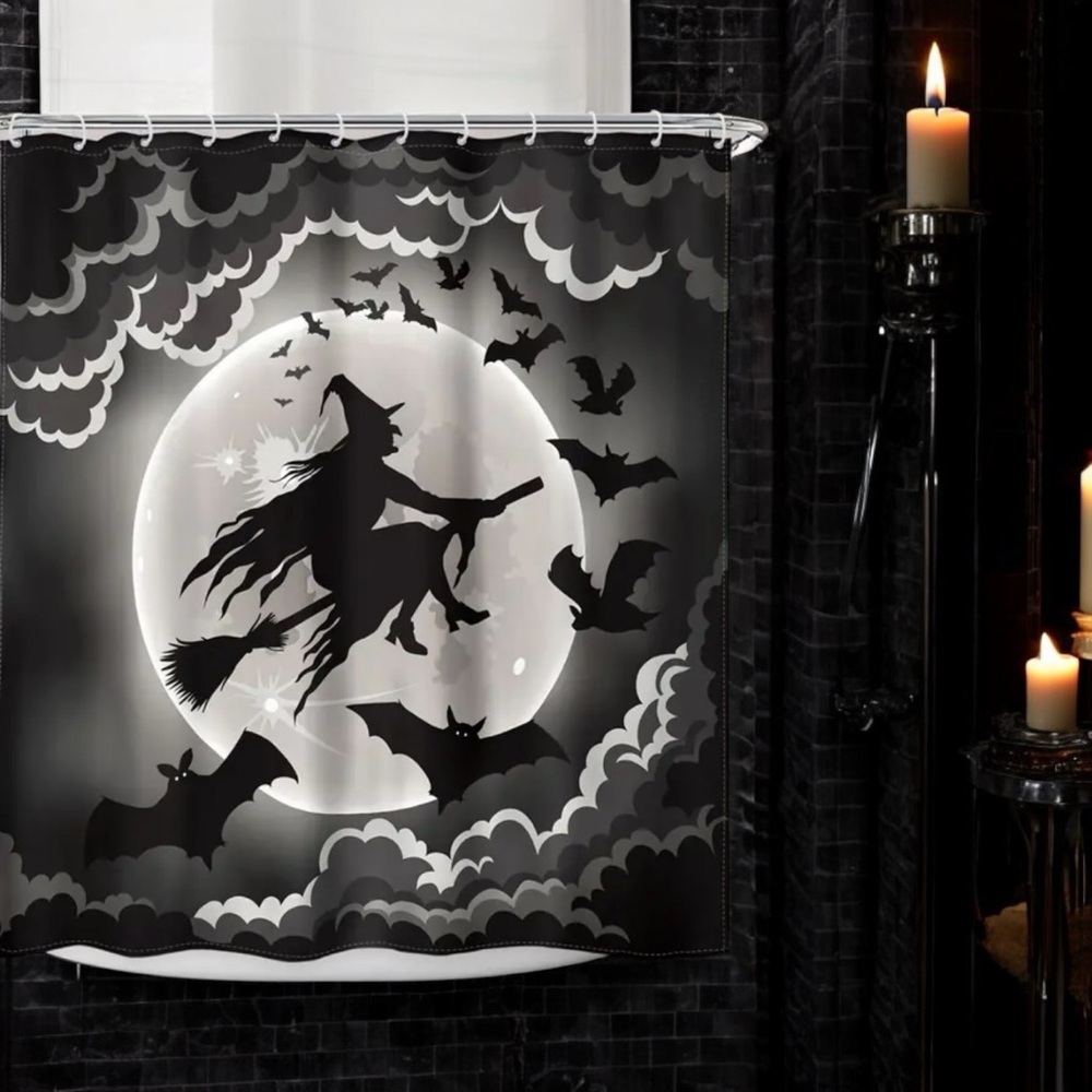 Witch Shower Curtain Night Moon Bat Polyester Fabric With 12 Plastic White Hooks